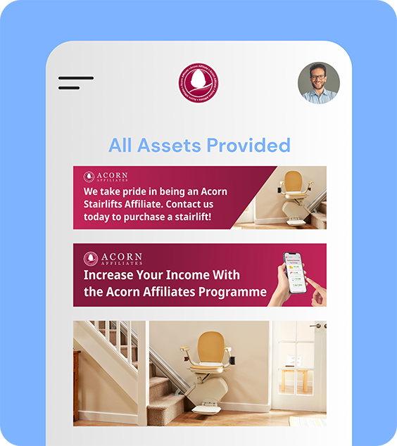 Mobile version of the Assets Provided page with two images of the Acorn 130 Straight Stairlift and an iPhone in someone